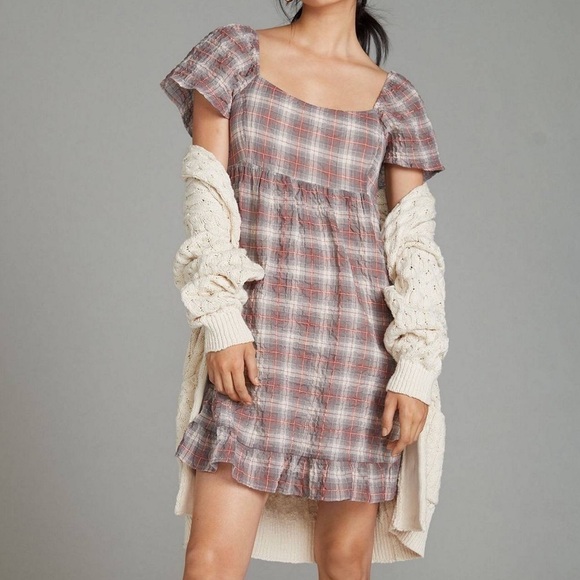 Anthropologie Maeve Flutter-Sleeved Mini Dress size small plaid - Picture 4 of 9